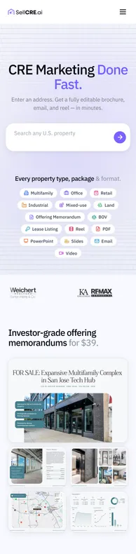 The SellCRE homepage scrolling on a phone