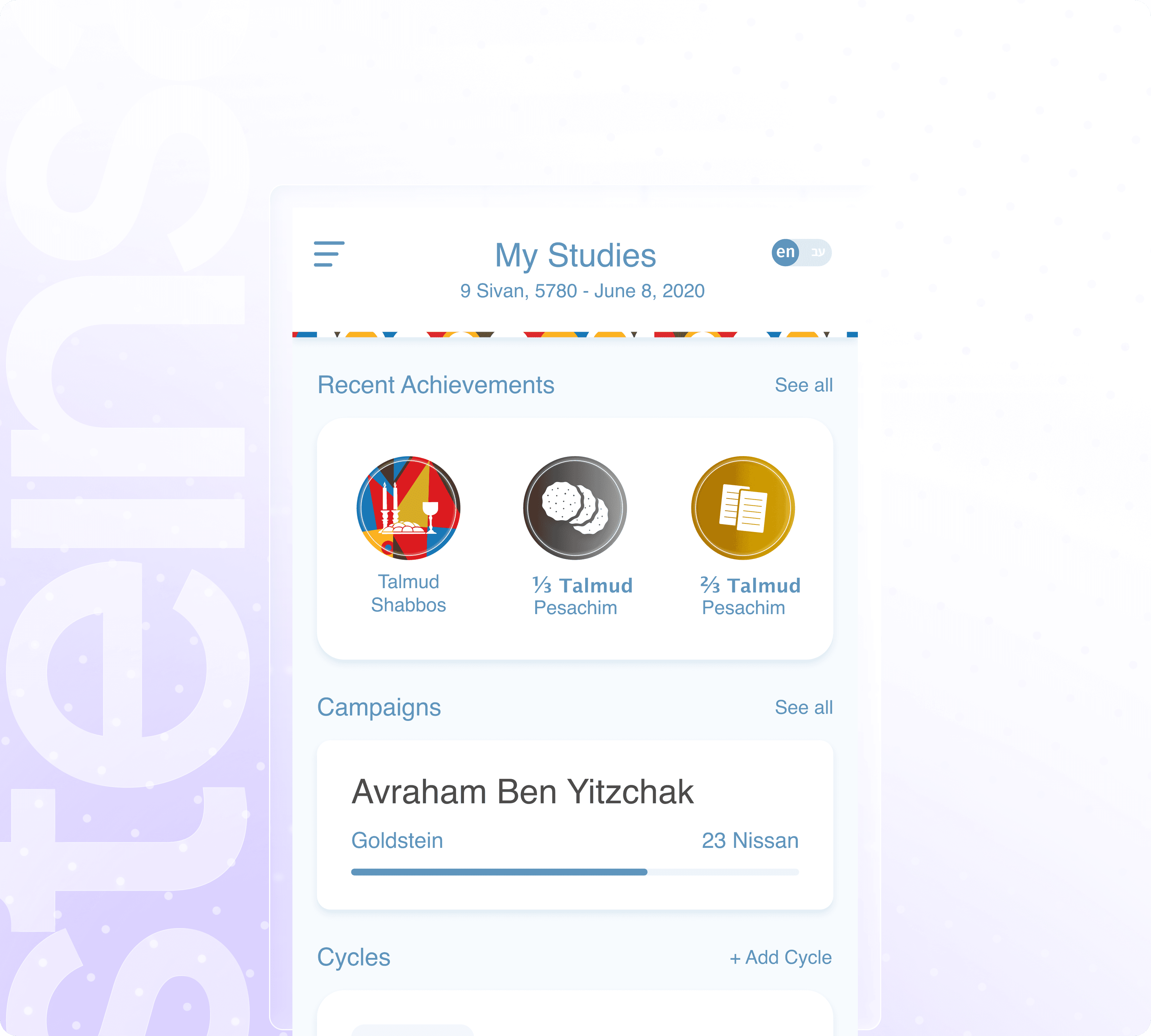 Daily study in the Steinsaltz app — the day's Daf Yomi, Chumash, and Rambam ready each morning