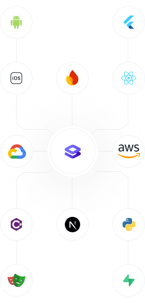 Technology stack showing Flutter, React, AWS, Python, Firebase, Android, iOS, Google Cloud, Next.js and other development technologies in mobile-optimized grid layout