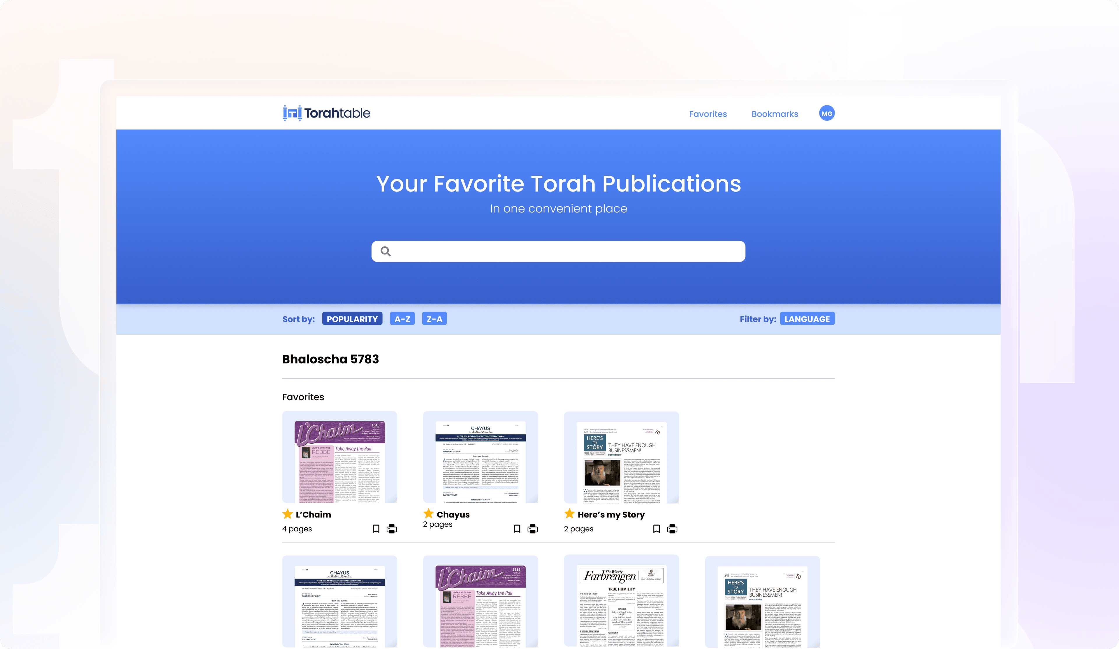 Torah Table \u2014 Platform homepage showing favorite Torah publications