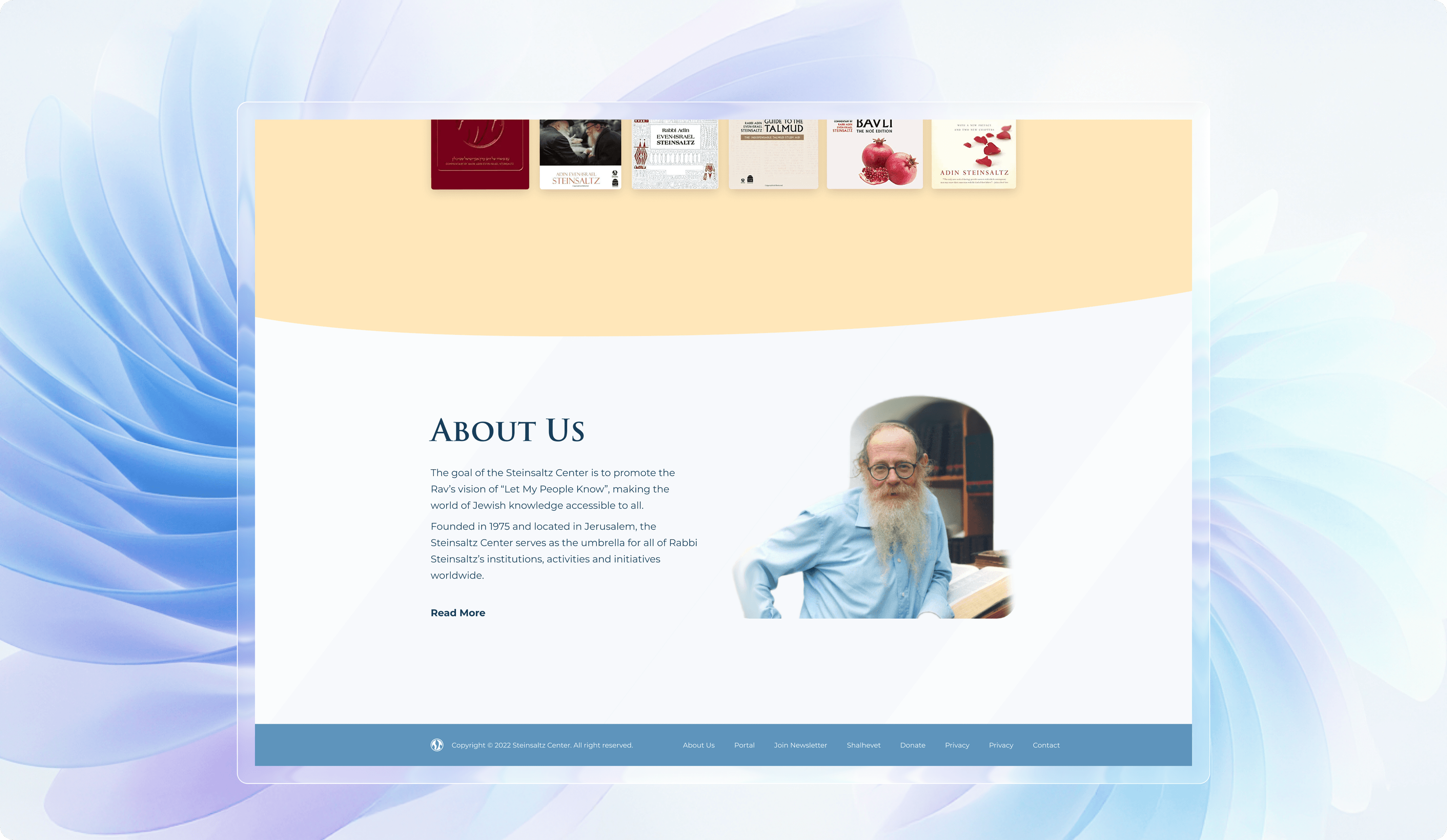 Steinsaltz Center About Us - Book carousel and Rabbi Steinsaltz