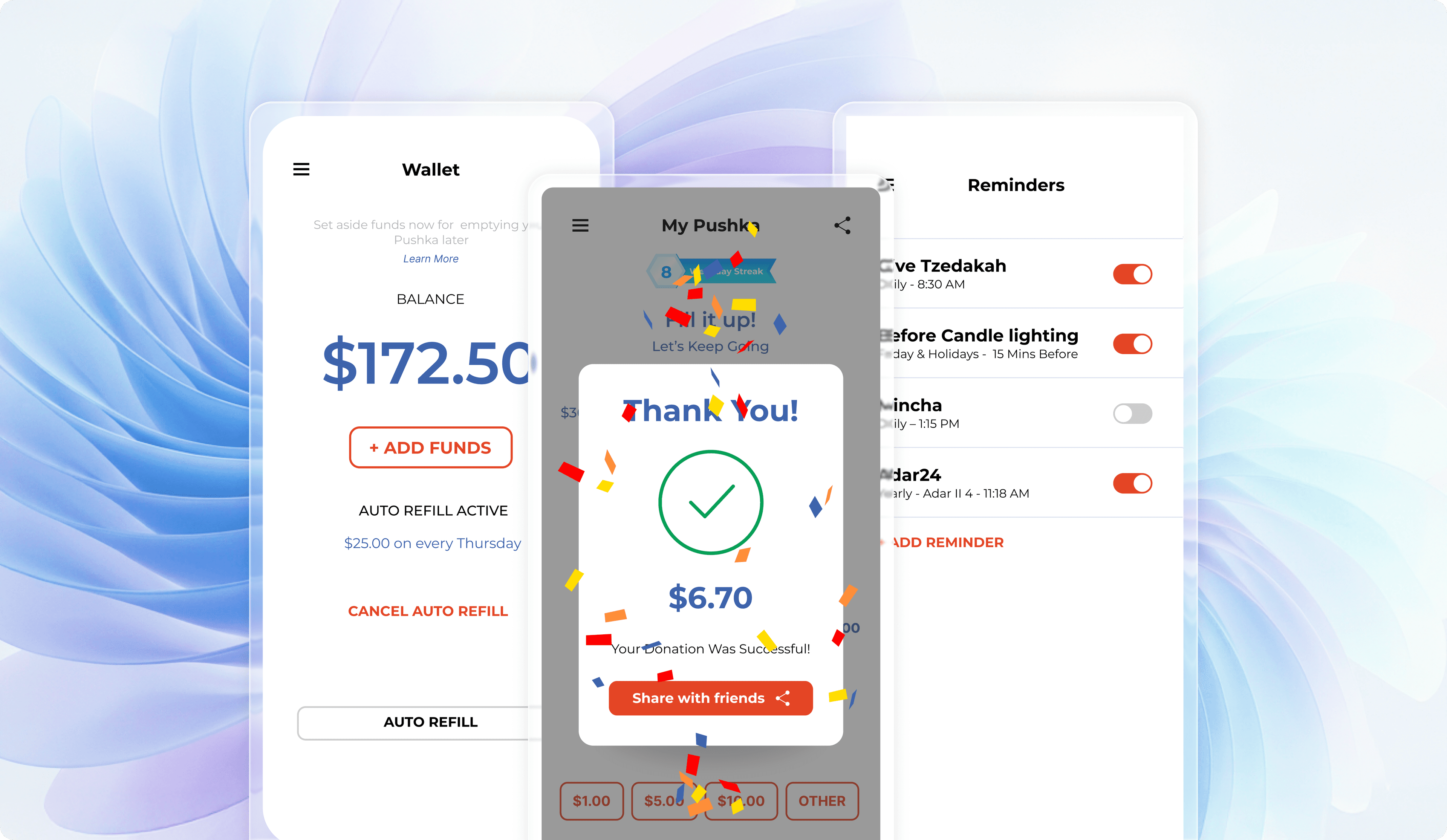Pushka App - Wallet, Thank You donation confirmation, and Reminders screens