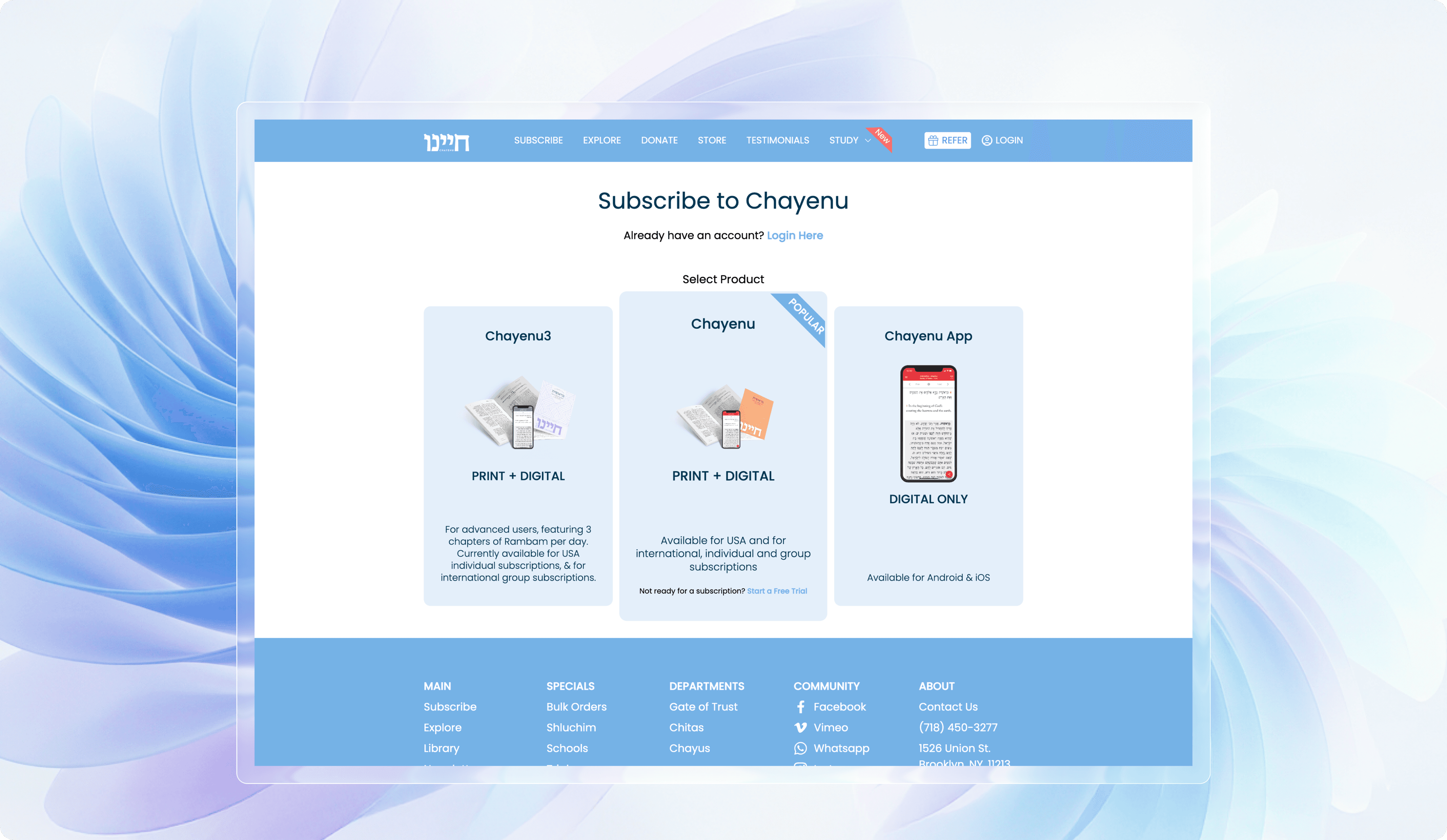 Subscribe to Chayenu - Product selection page