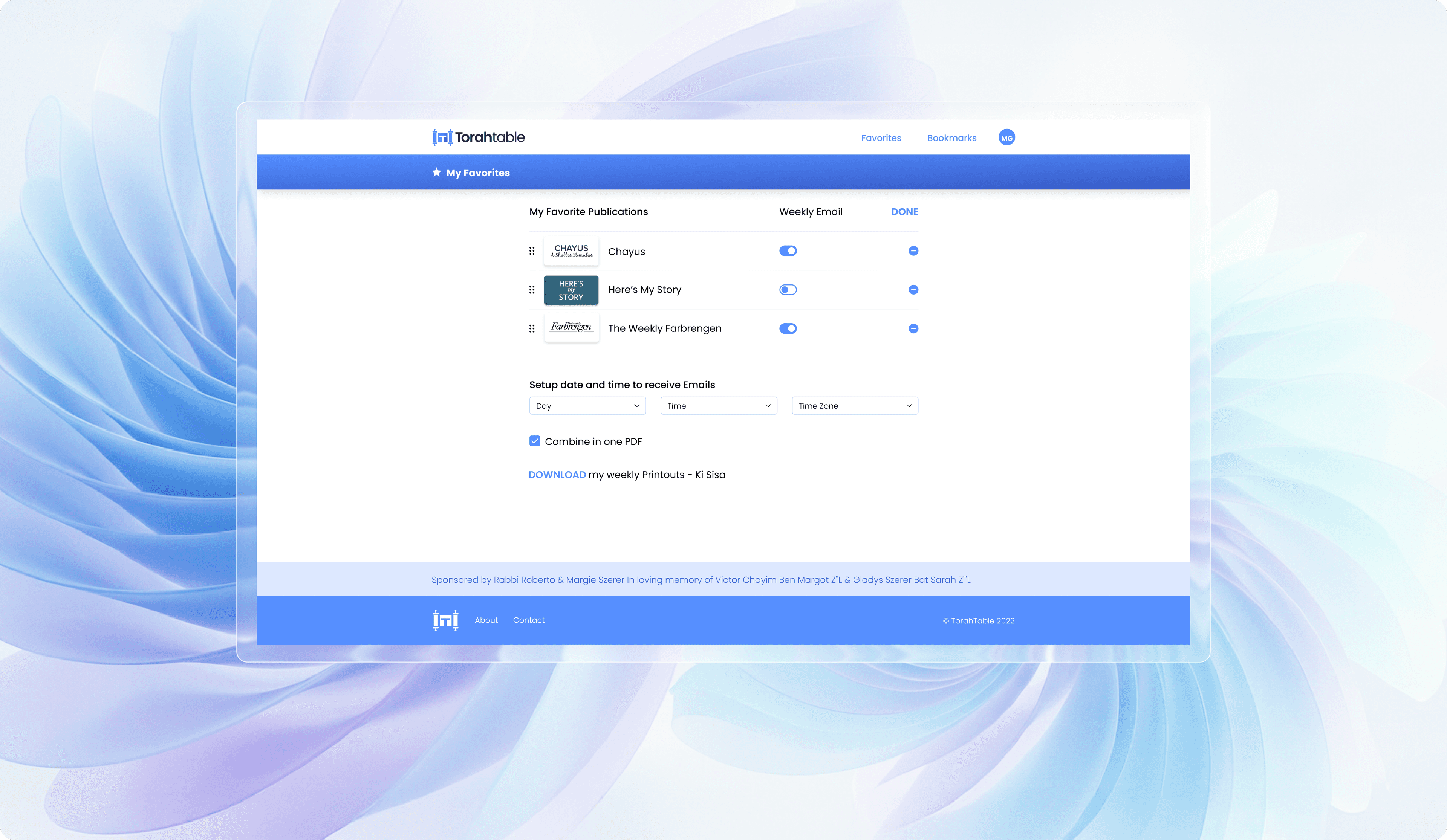 Torah Table \u2014 My Favorites page with weekly email settings