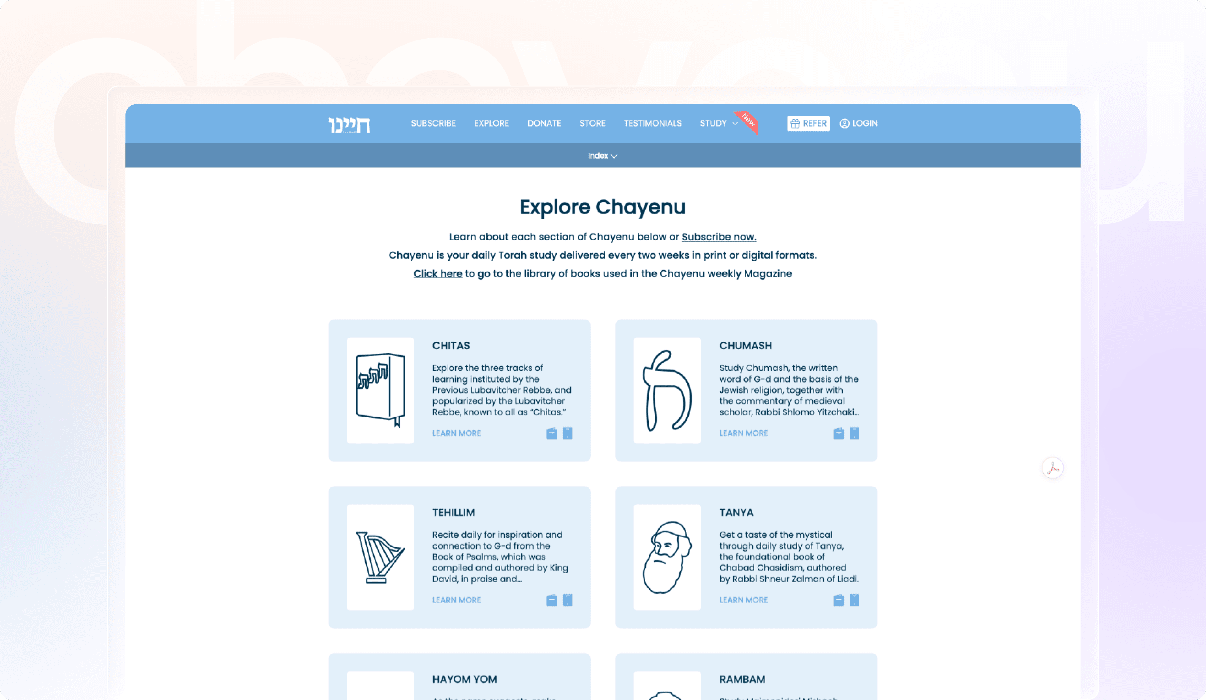 Explore Chayenu - Study sections including Chitas, Chumash, Tehillim, Tanya