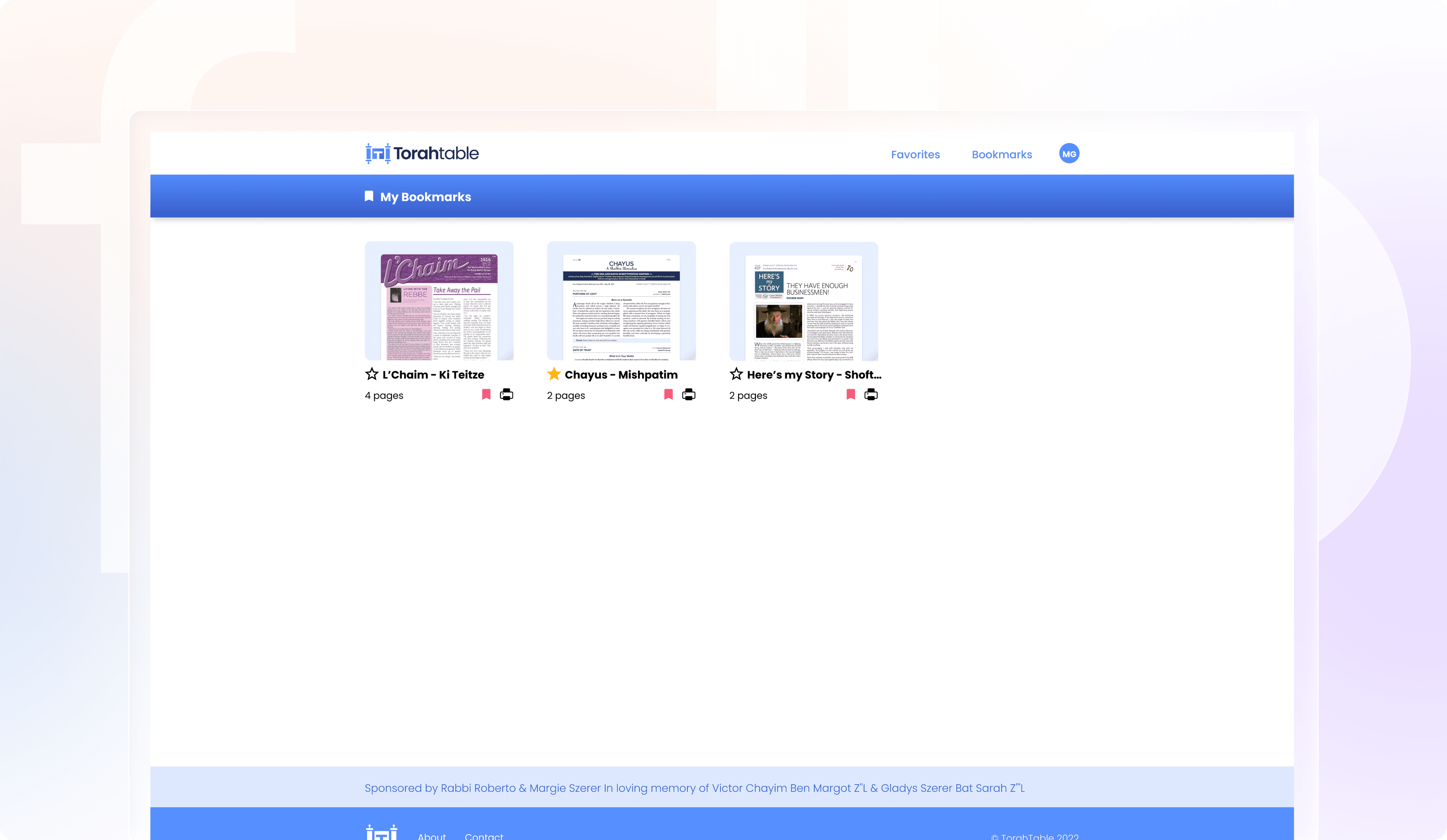 Torah Table \u2014 My Bookmarks page