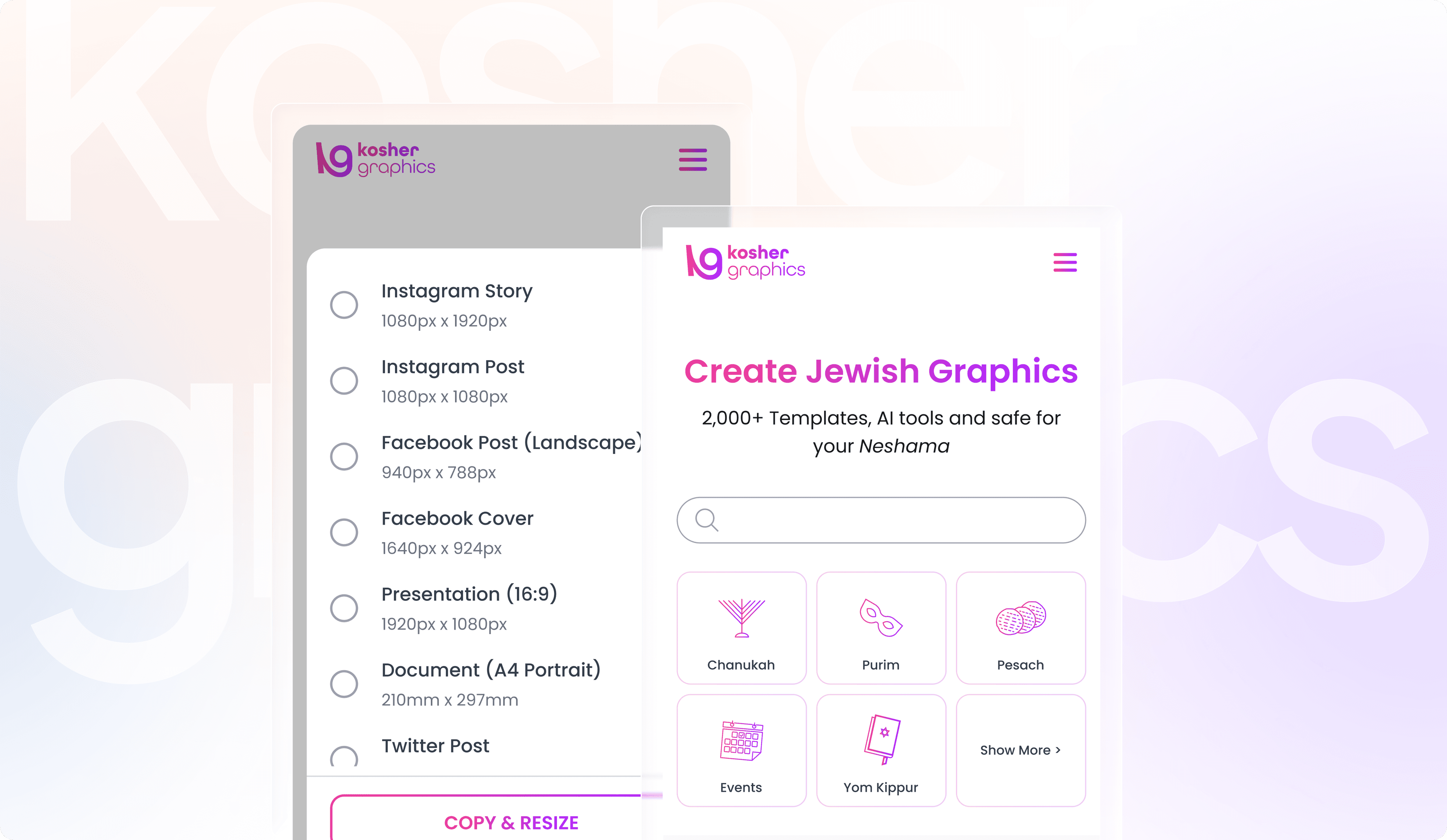Kosher Graphics mobile app - Size options and category selection