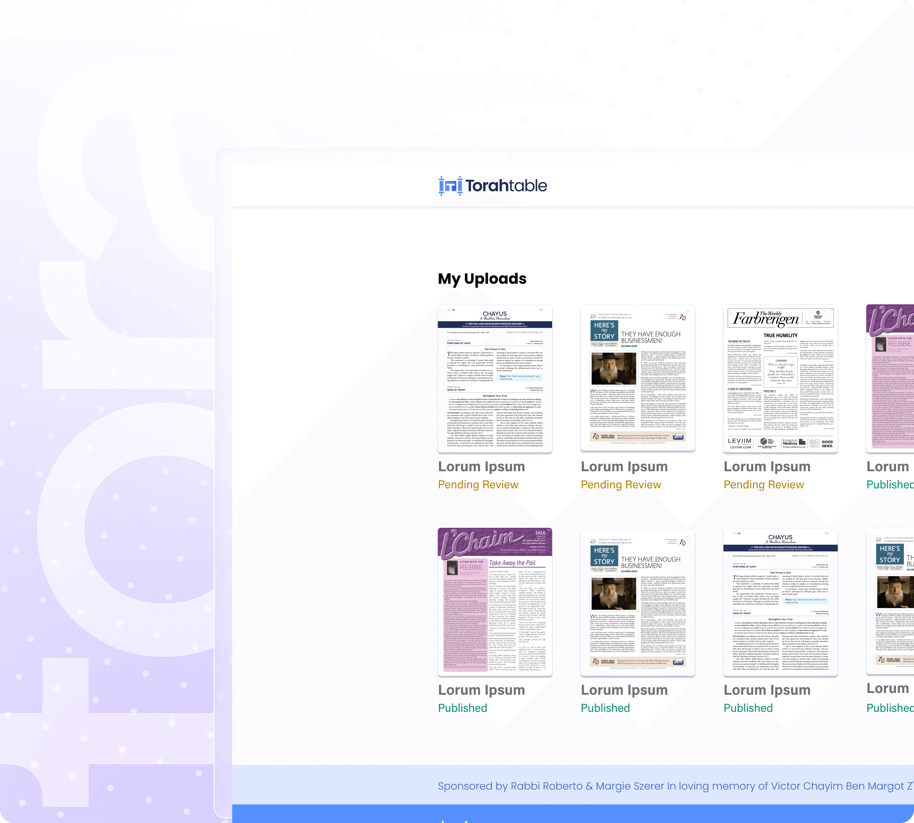 Torah Table — My Uploads page showing pending and published content