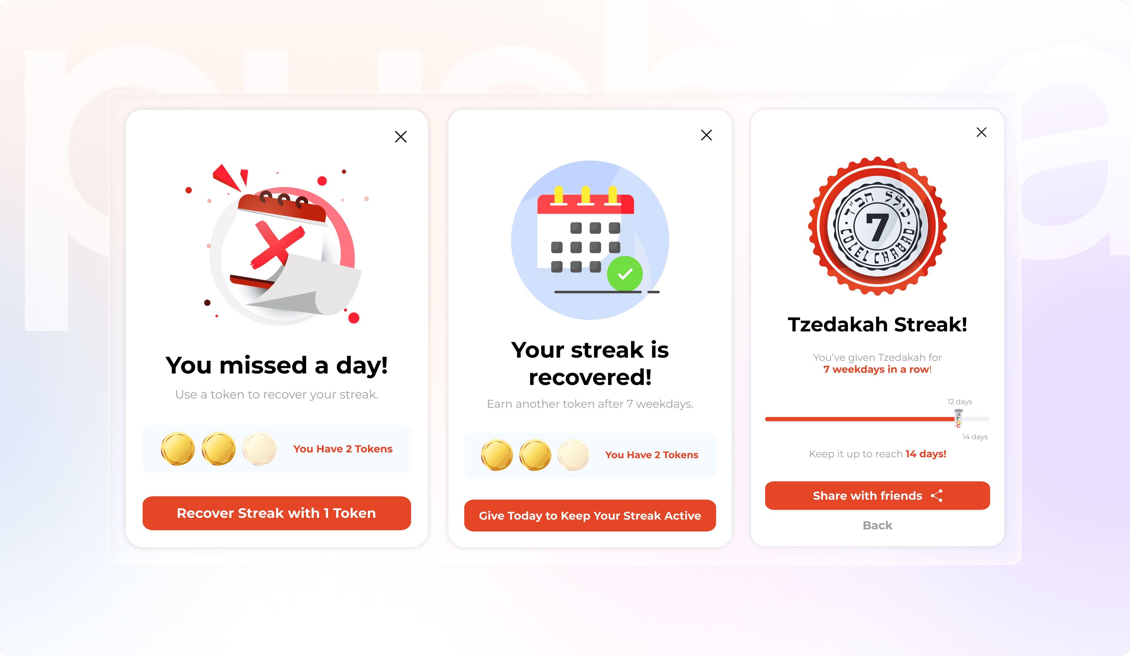Pushka App - Streak recovery, recovered streak, and Tzedakah Streak achievement modals