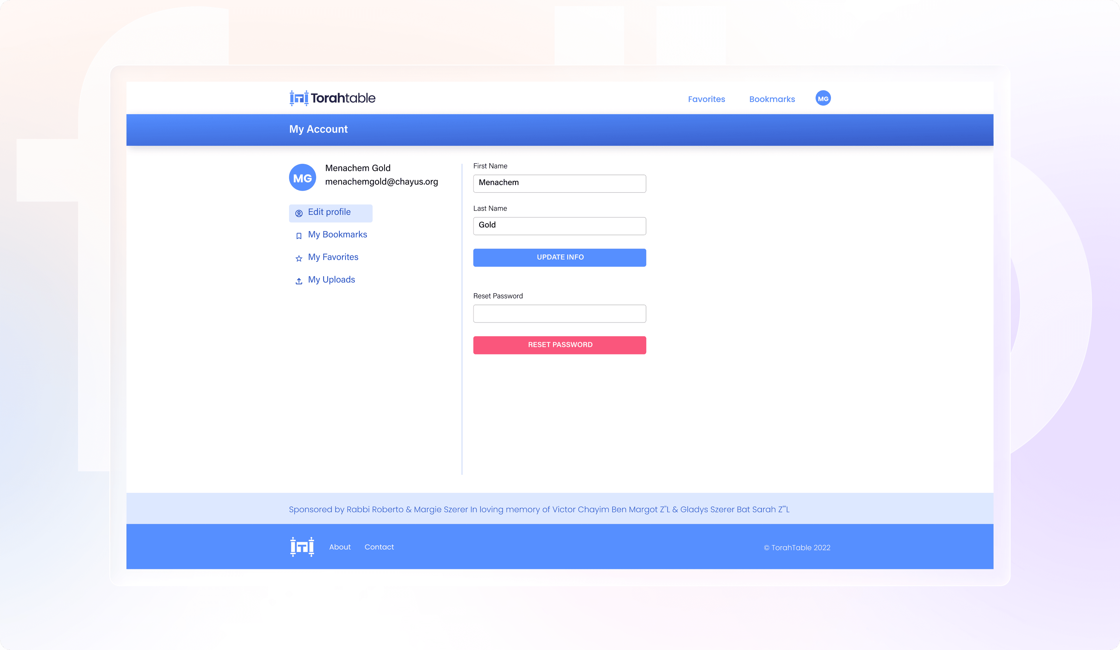 Torah Table \u2014 My Account and profile management page