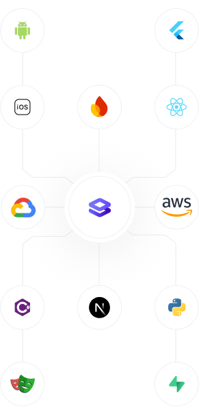 Technology stack showing Flutter, React, AWS, Python, Firebase, Android, iOS, Google Cloud, Next.js and other development technologies in mobile-optimized grid layout